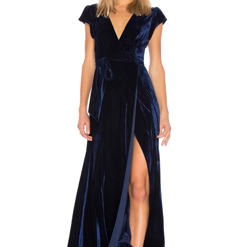 Aidan Mattox Navy Blue Velvet Maxi Dress with Plunging V-Neck & High Slit